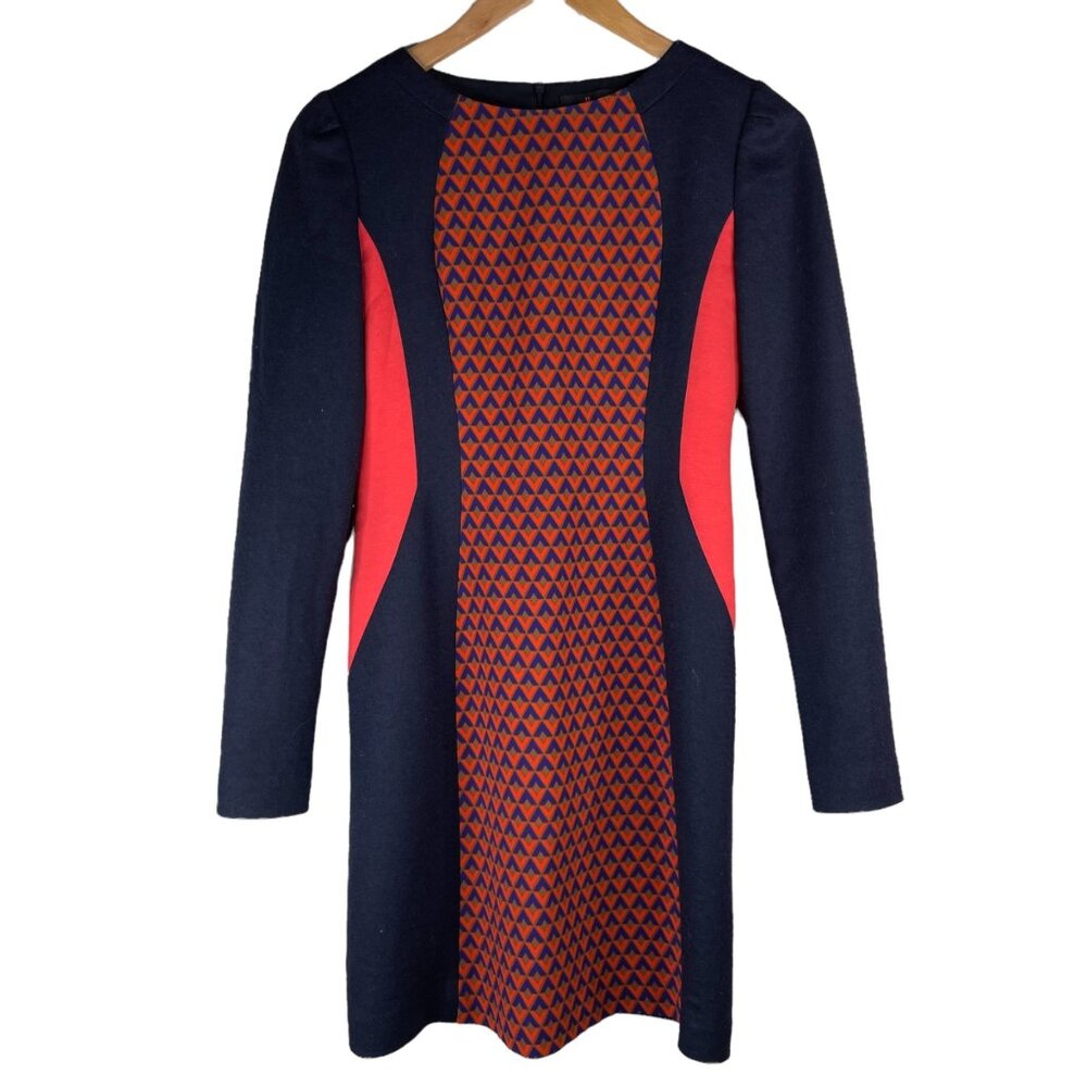 Jigott Bodycon Mini Dress Women XS Long Sleeve Puff Shoulder Blue Geometric